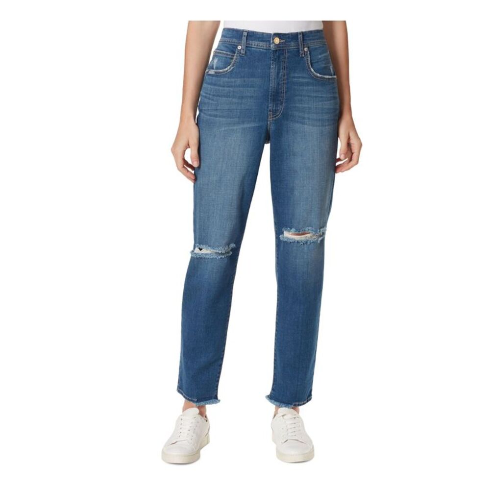 Womens Navy Zippered Pocketed Button Closure Tapered Boyfriend Jeans 24